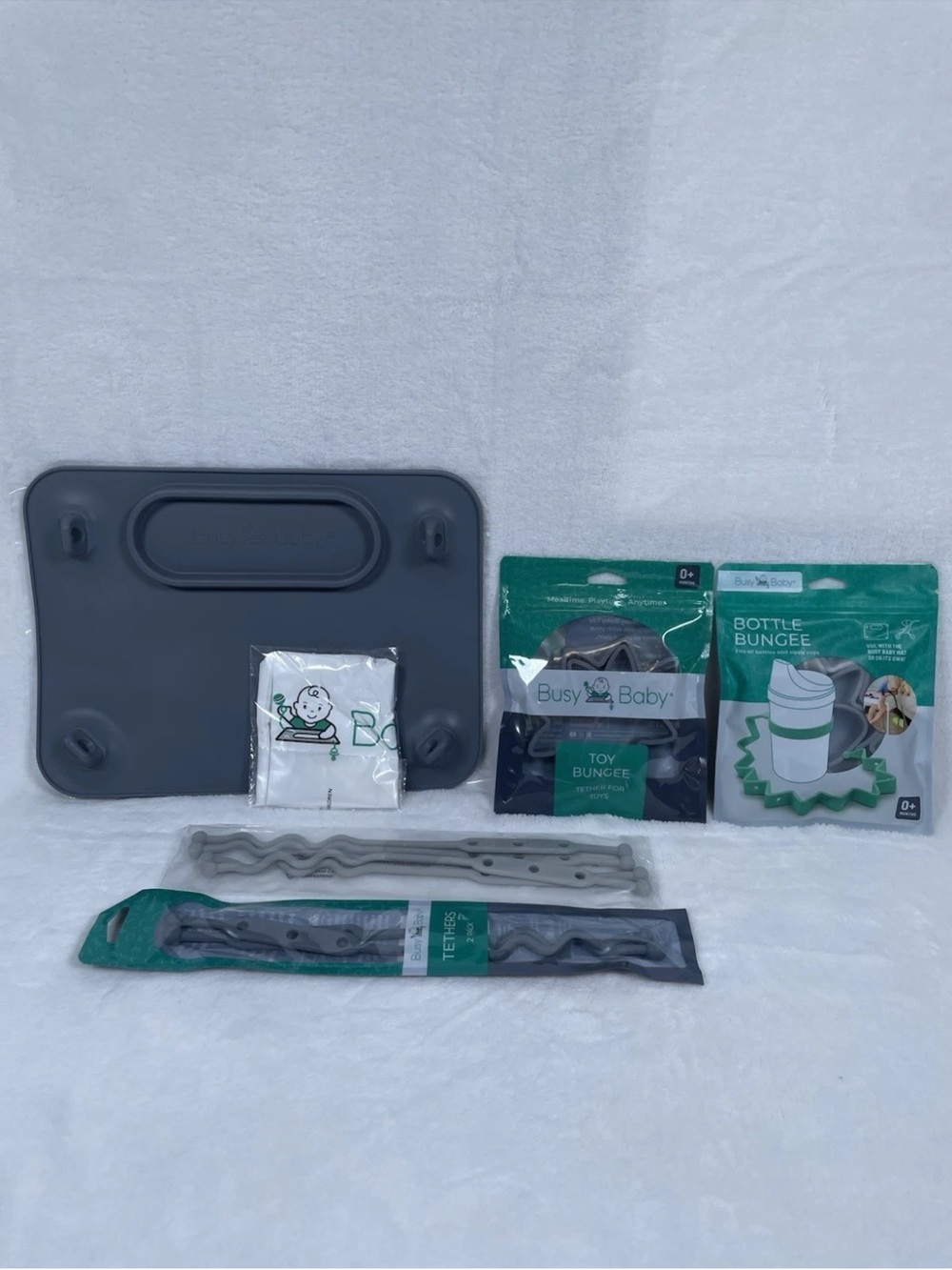 Busy Baby LOT -New!- Placemat/Connectors/Sleeve/Tethers/Toy Bungee/Bottle Bungee
